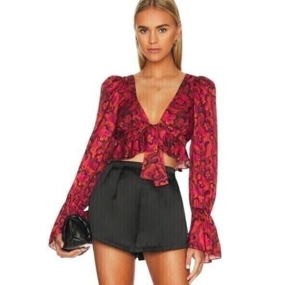 NWT‎ For Love and Lemons Davina Tie-Front Blouse/Top in Red $149